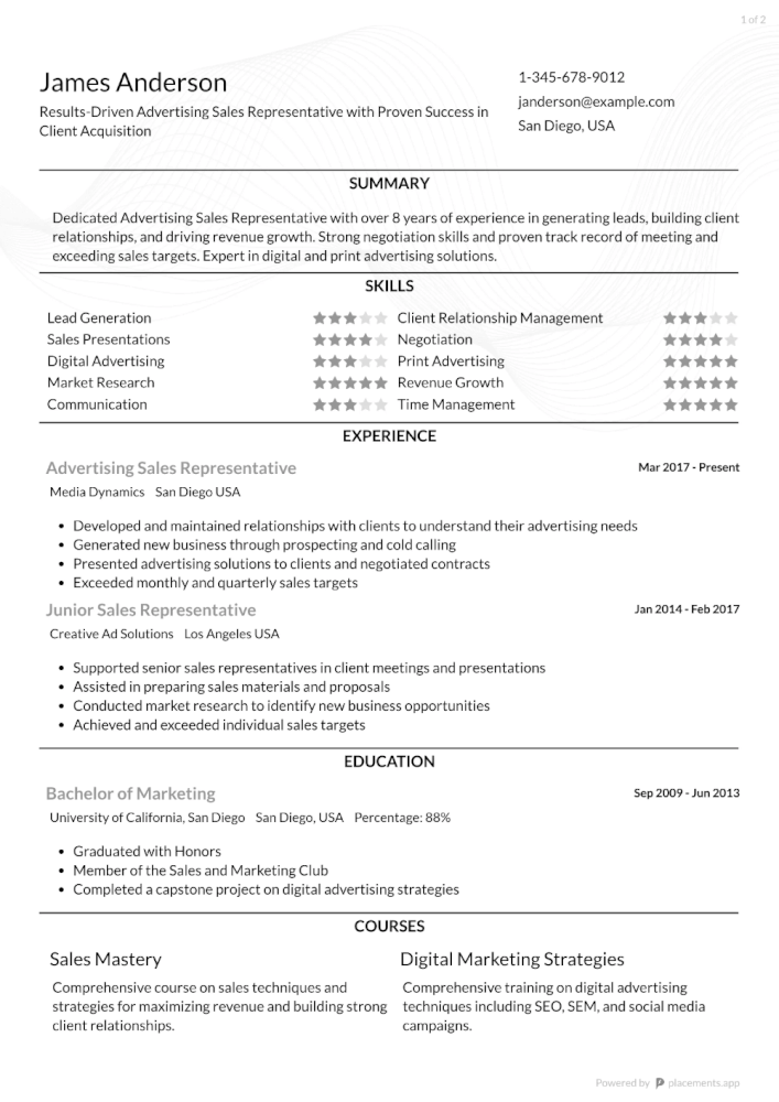 Advertising Sales Representative Resume