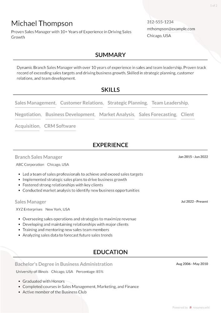 Branch Sales Manager Resume