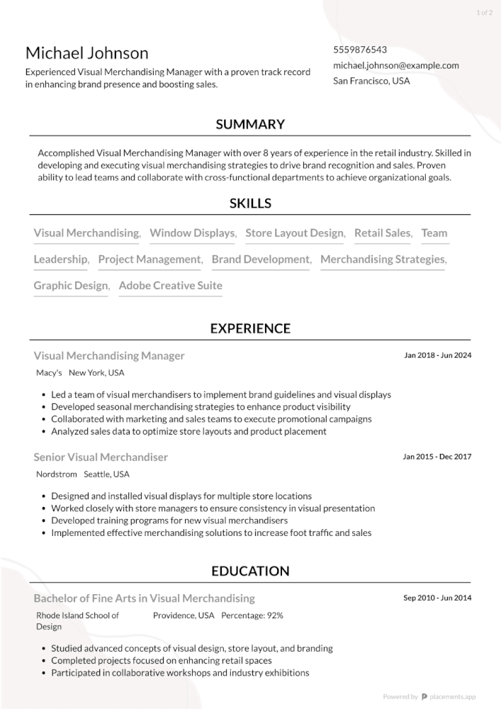 Visual Merchandising Manager Resume